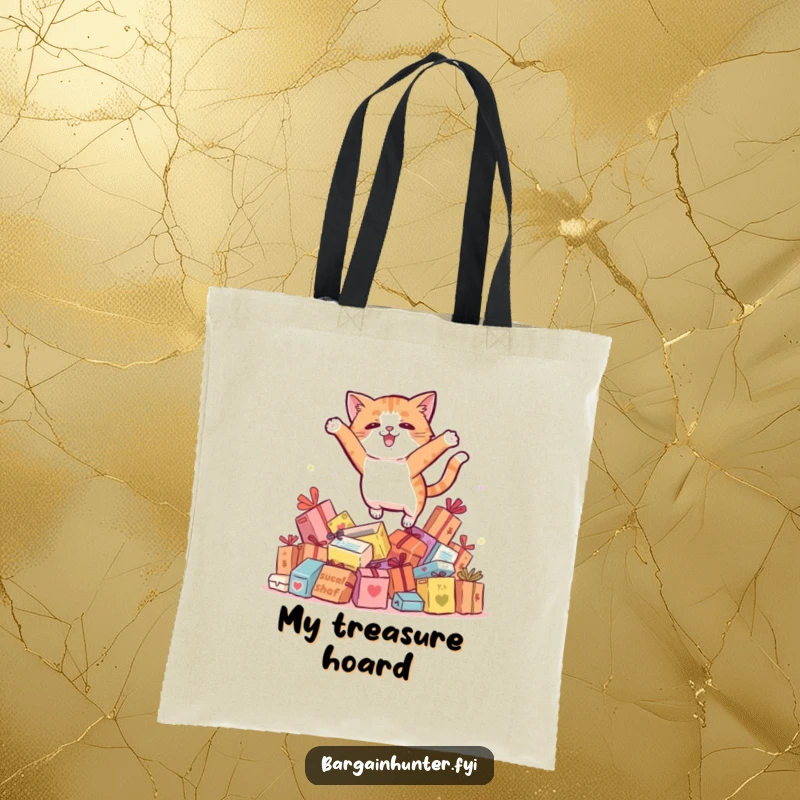 Funny cat leaping over discounted items, perfect for carrying shopping hauls with style.