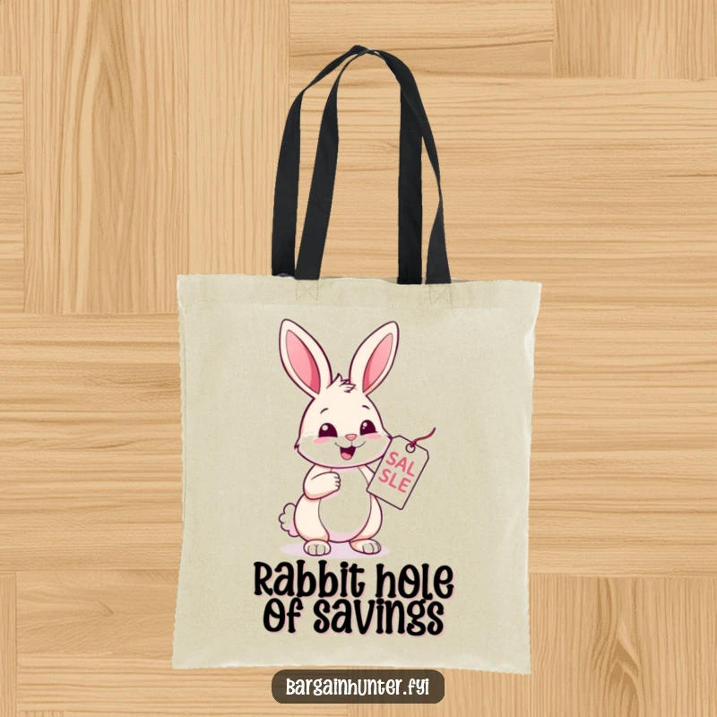 Funny Rabbit Tote Bag: A cheerful rabbit inspects a sale tag with glee. Humorous and practical bag for happy bargain hunters.